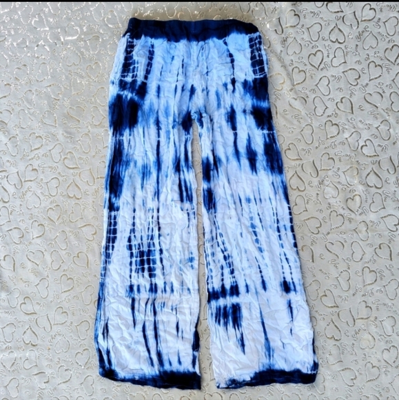 Blue Tie Dye Beach Pants Wide Leg Flowy Palazzo Beach Cover Up Shibori Indigo S - Picture 2 of 6
